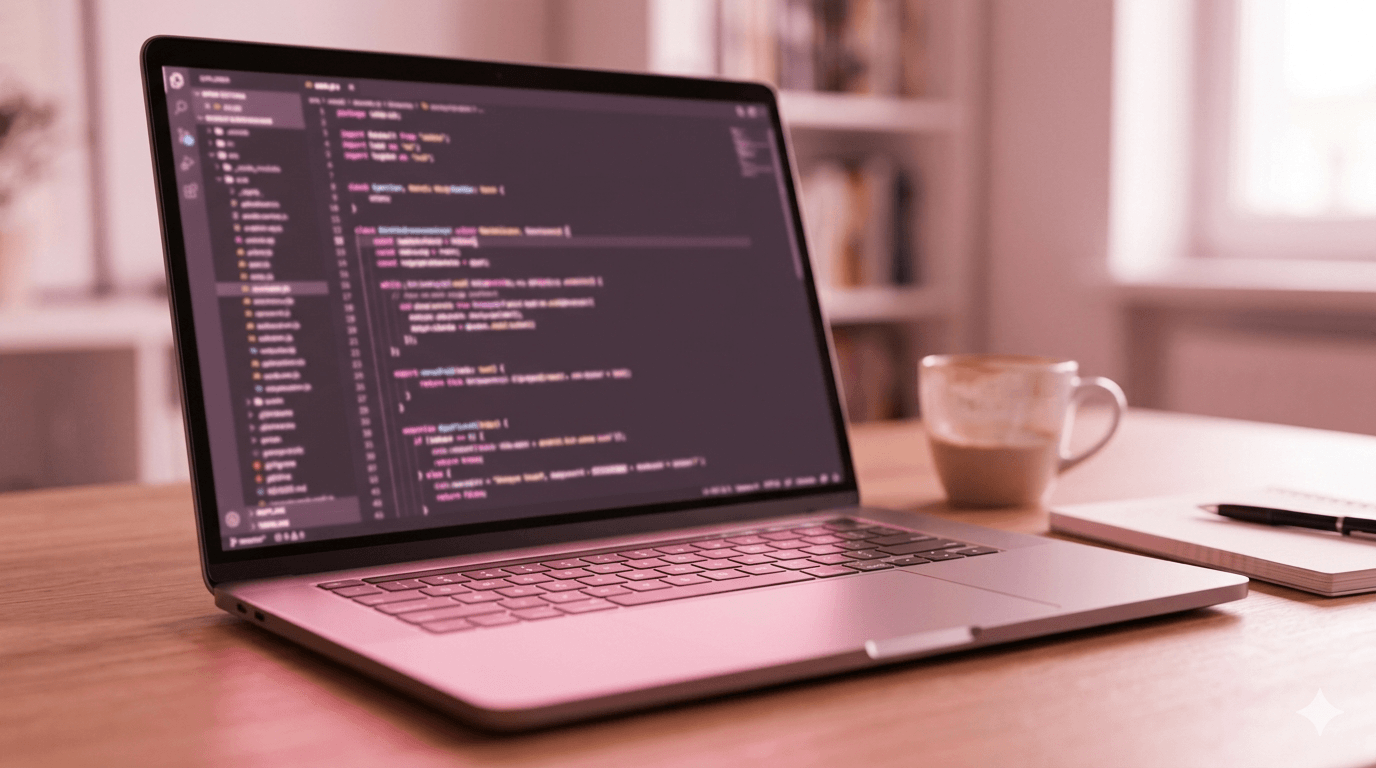 Foto de um computador com códigos na tela em desfoque, uma xícara de café e um caderno sobre a mesa.